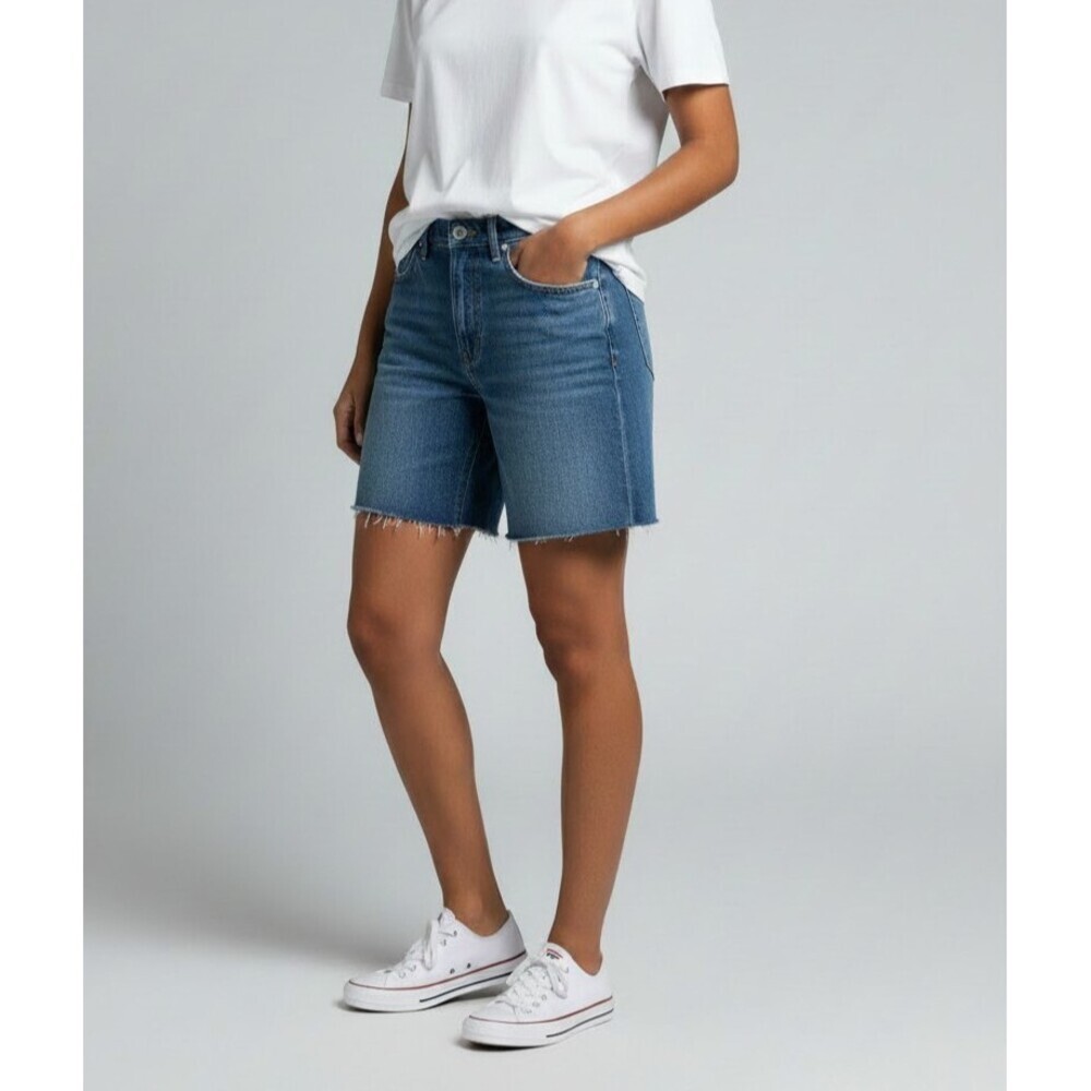 Pilcro High Rise Baggy Denim Shorts Size 26 Medium Wash Raw Hem Cutoff
